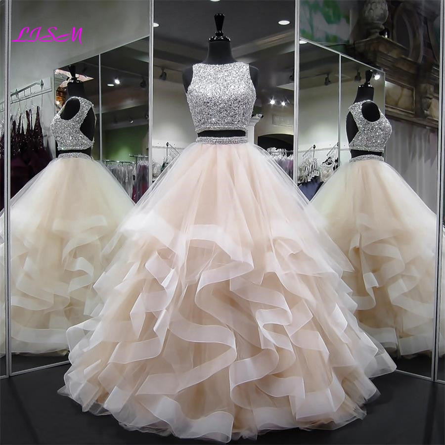 Quinceanera Dress Crystals Two Pieces Ball Gown O-Neck Open Back Pageant Gown Long Tiered Organza Sweet 16 Dress