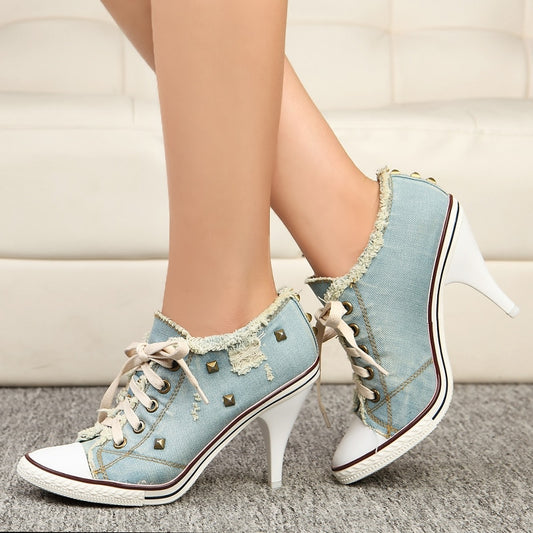 Heels for Women Vintage Design Women Denim Pumps Lace Up Thin High Heels
