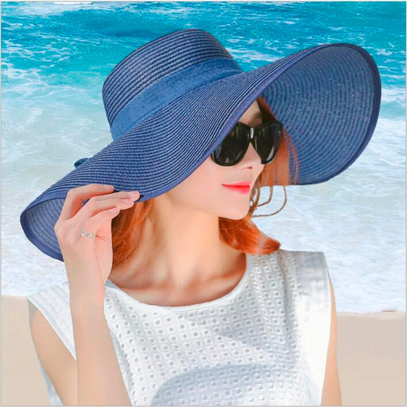 Hats for Women simple summer straw hat women big wide brim beach hat sun hat foldable sun block UV protection panama hat bone Navy
