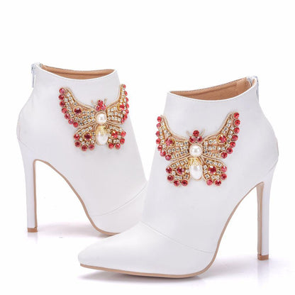 Booties Fashion Ankle Boots Sexy High Heels Zipper Shoes Woman Party Wedding Riding white with red