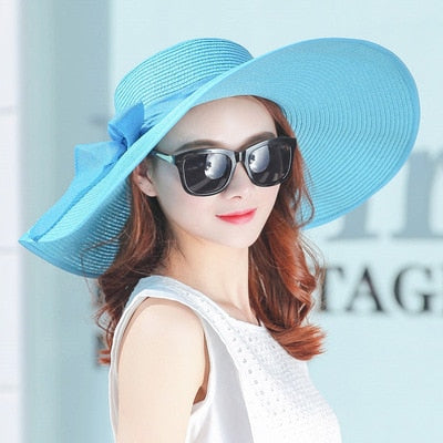 Hats for Women simple summer straw hat women big wide brim beach hat sun hat foldable sun block UV protection panama hat sky blue