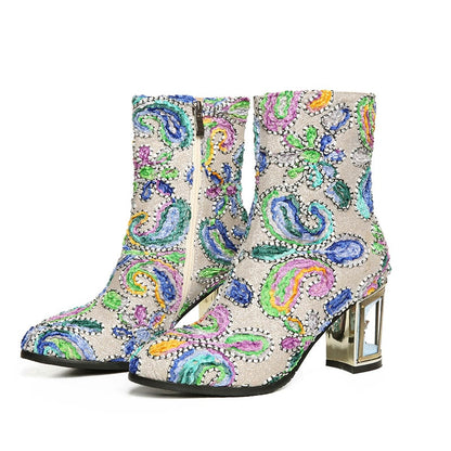 Boots for Women ethnic print flower mixed color crystal bird cage heel high quality short boots