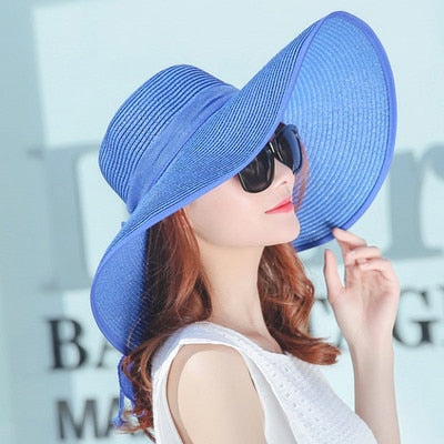 Hats for Women simple summer straw hat women big wide brim beach hat sun hat foldable sun block UV protection panama hat royal lue