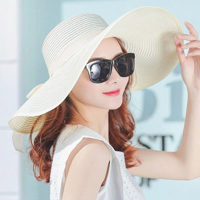 Hats for Women simple summer straw hat women big wide brim beach hat sun hat foldable sun block UV protection panama hat milk white