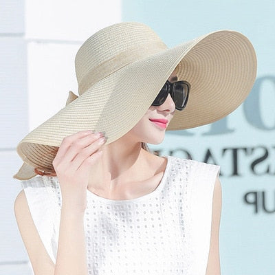 Hats for Women simple summer straw hat women big wide brim beach hat sun hat foldable sun block UV protection panama hat beige