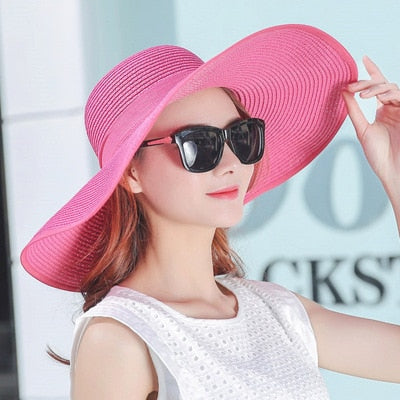 Hats for Women simple summer straw hat women big wide brim beach hat sun hat foldable sun block UV protection panama hat rose red