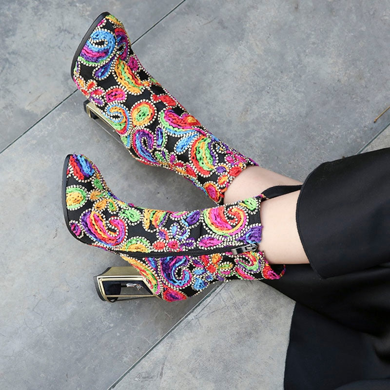 Boots for Women ethnic print flower mixed color crystal bird cage heel high quality short boots