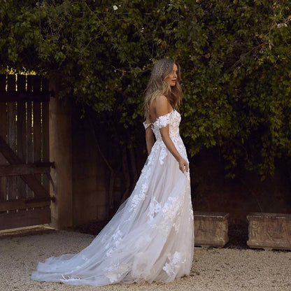 Lace Wedding Dress Off Shoulder Appliques A Line nancy alvarez Collection