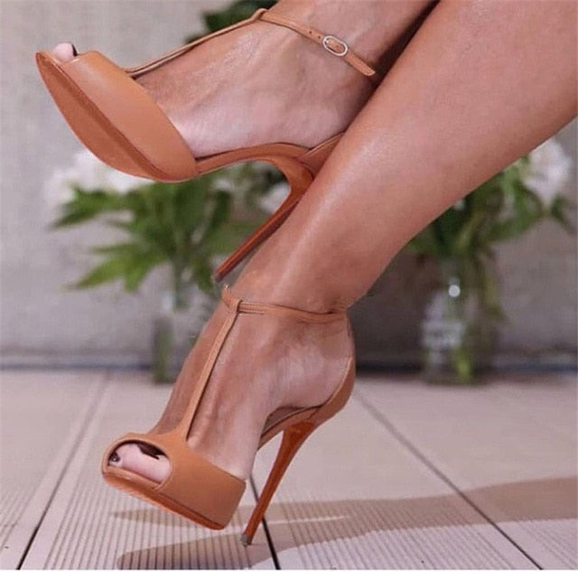 Heels for women Female Multicolors Leather Patchwork T-Strap Pumps Stiletto Heel  Peep Toe High Heels Formal Dress Shoes Summer Party Sandals