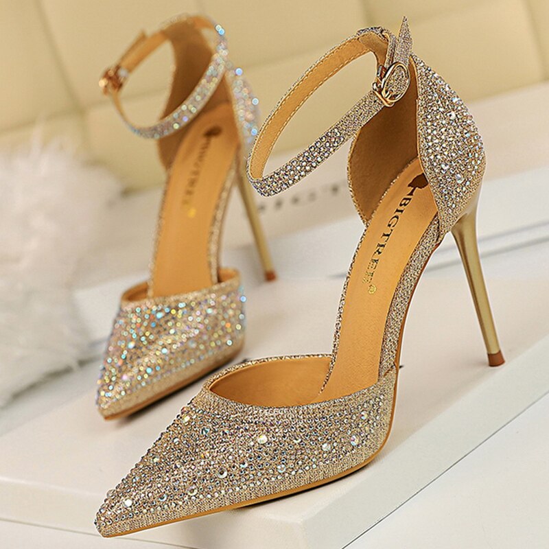 Sexy Women 10cm High Heels  Wedding Bridal Scarpins Glitter Heels Stiletto Crystal Gold