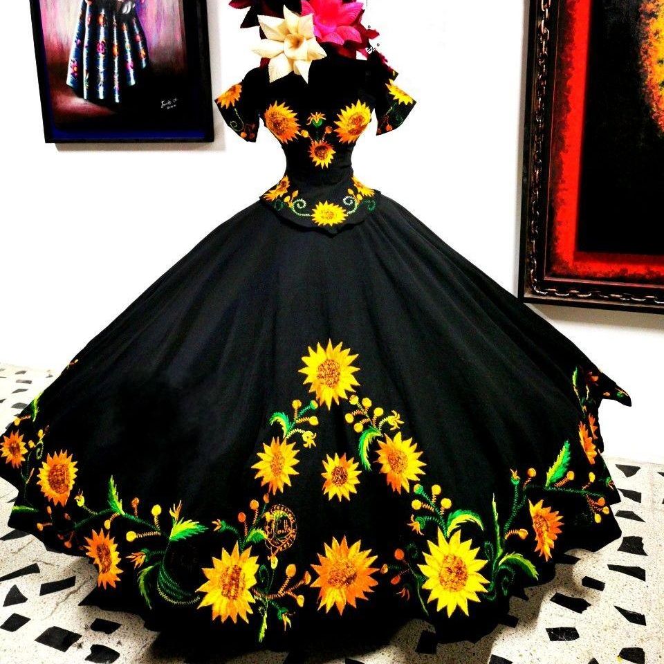 Quinceanera Dress Sunflowers Embroidery Mexican Prom Dresses Charro Off Shoulder Satin Ball Gown Sweet 16 Dress Vestidos