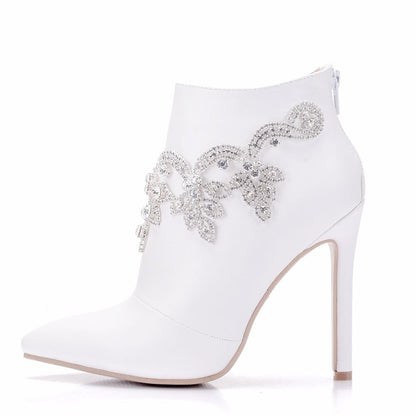 Booties Fashion Ankle Boots Sexy High Heels Zipper Shoes Woman Party Wedding Riding white side view