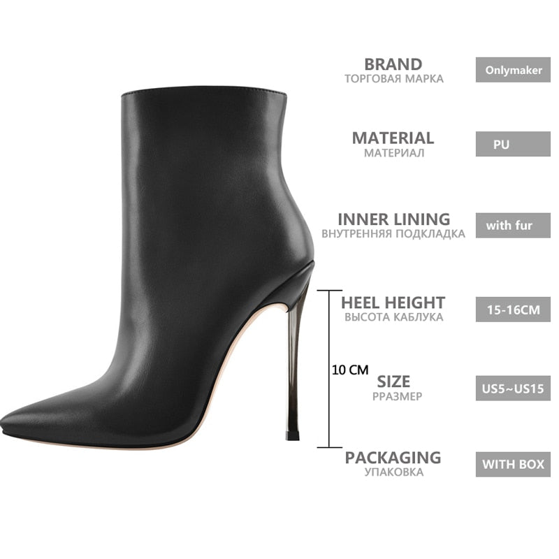Boots for Women Ankle Boots Pointed Toe Metal Thin High Heel Side Zipper Fashion Black Red Winter Warm Booties