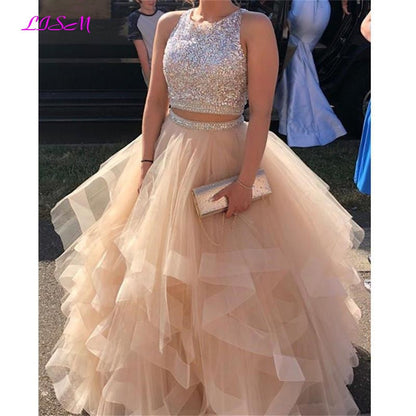 Quinceanera Dress Crystals Two Pieces Ball Gown O-Neck Beaded Open Back Pageant Gown Long Tiered Organza Sweet 16 Dress