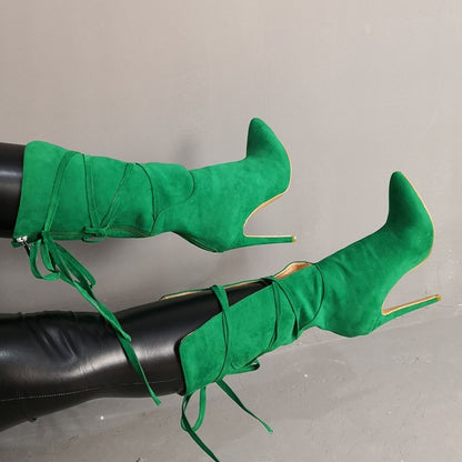 Sexy High Heels Green Boots For Women Lace Up Mid Calf Booties Pointed Toe Fashion Flock Lady Party Shoes