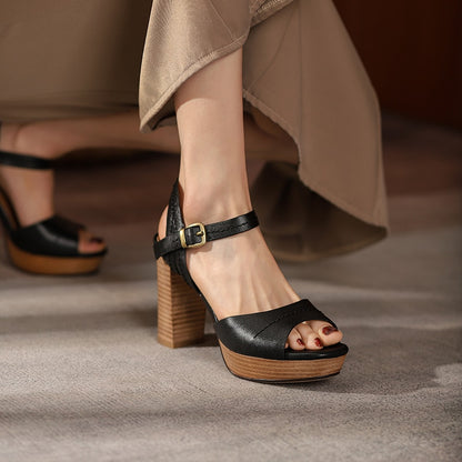 Heels for women Comfortable Genuine Leather Sandals Woman Retro Thick Super High Heels Platform Shoes Ladies Dress Sandals
