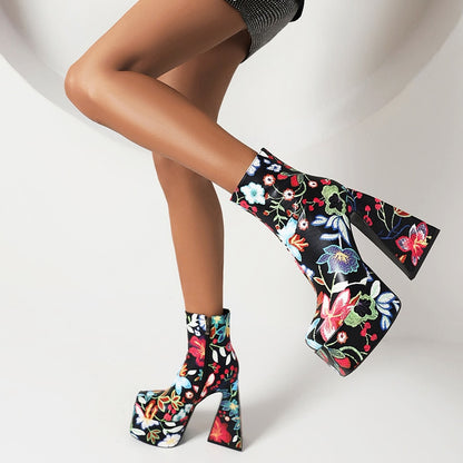 Boots for Women Colorful Flower Pattern Super High Cutout Chunky Heel Women's Ankle Boots Square Toe Platform Side Zip Printed Short Boots