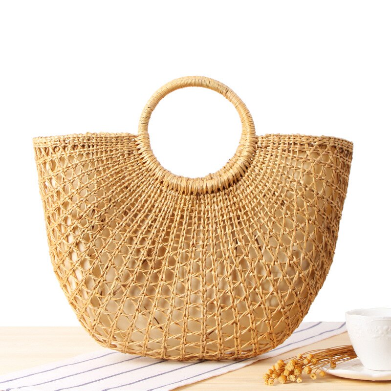 Handbags for women hand-carried straw bag handmade yellow grass woven women's bag colorful tassel wool ball beach bag