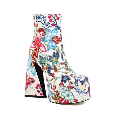 Boots for Women Colorful Flower Pattern Super High Cutout Chunky Heel Women's Ankle Boots Square Toe Platform Side Zip Printed Short Boots