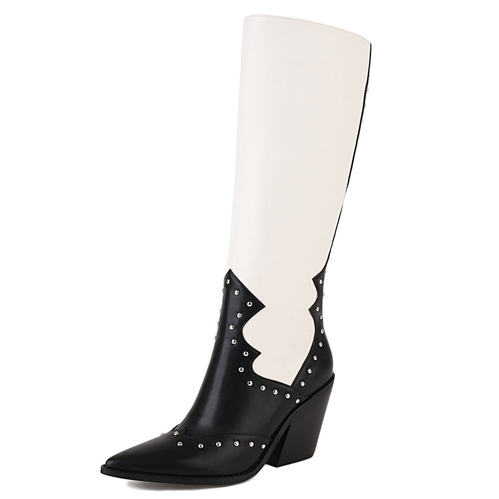 Boots for Women Retro Knee-high Western Cowboy Pattern Cowgirls Dress Street Point Toe