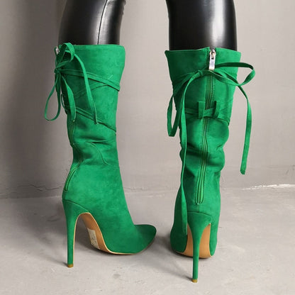 Sexy High Heels Green Boots For Women Lace Up Mid Calf Booties Pointed Toe Fashion Flock Lady Party Shoes