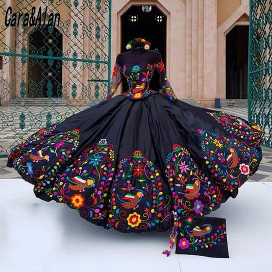 Quinceanera Dress Mexican Style Charro Quinceanera Dresses Long Sleeves Off Shoulder Flowers Embroidered Satin Lace-up Prom Gowns Vestidos 15 Años