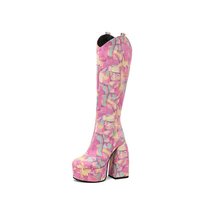 Boots for Women Platform Strange Chunky Heel Graffiti Women's Boots Plush Inner Zipper Flock Material Knee Boots