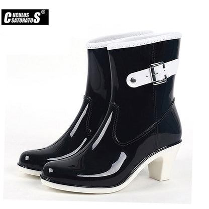 Rain Boots Buckle Ladies Rain Boots High Heel Waterproof Ankle Rubber