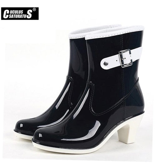 Rain Boots Buckle Ladies Rain Boots High Heel Waterproof Ankle Rubber