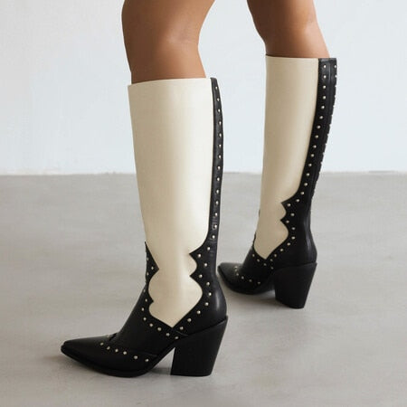 Boots for Women Retro Knee-high Western Cowboy Pattern Cowgirls Dress Street Point Toe