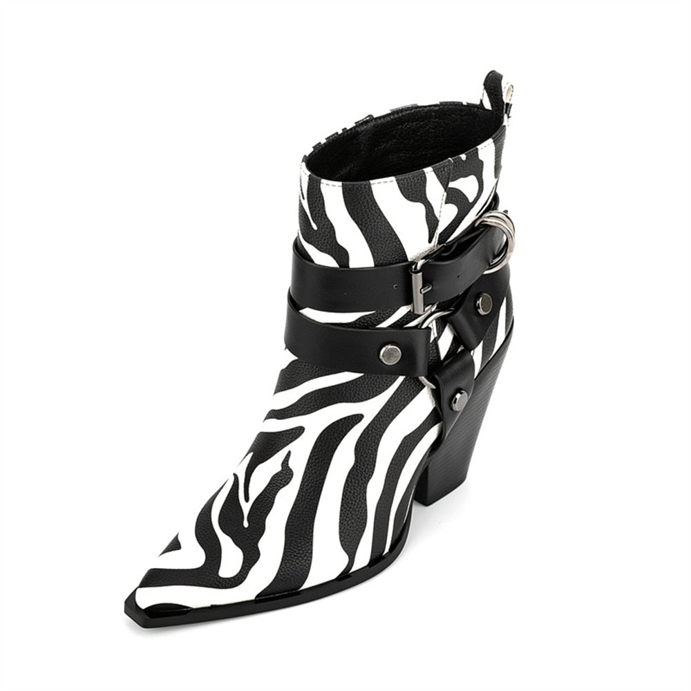 Boots for Women Belt Buckle Western Boots Fashion Zebra Pattern Footwear Women's Horseshoe Heel Short Boots