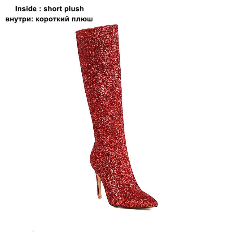 Women Boots Sexy Stiletto Heels Silver Red Glitter Boots Women Thin High Heeled Bling Bling Gold Sequined Knee-high Long Boot Party