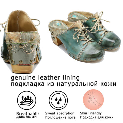 Vanguard Shoes Ethnic Sewing Sheepskin Natural Leather Summer Chunky Heels Women Slippers Handmade Moccasins Shoes