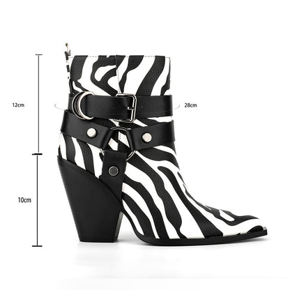 Boots for Women Belt Buckle Western Boots Fashion Zebra Pattern Footwear Women's Horseshoe Heel Short Boots