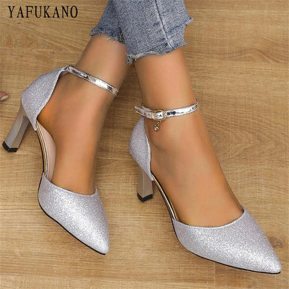 Heels for Women Glitter Point Toe Ankle Strap Pumps Mid Shoes Silver Party Wedding Shoes Small Thick Heel