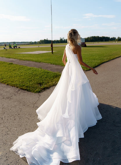One Shoulder A Line Wedding Dress Sleeveless Pleat Floor Length