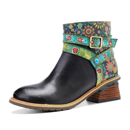 Vanguard Boots Genuine Leather Retro Shoes Women Boots Round Toe Patchwork Sewing Handmade Ankle Platform Boots
