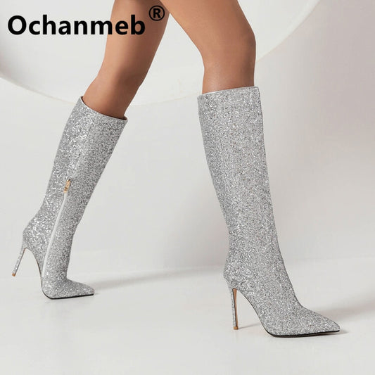 Women Boots Sexy Stiletto Heels Silver Red Glitter Boots Women Thin High Heeled Bling Bling Gold Sequined Knee-high Long Boot Party