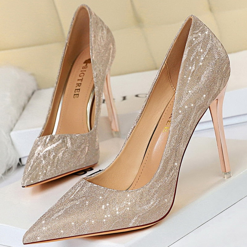 Heels for Women Glitter Party Pumps Sexy Silver Champagne Stiletto Sparkly Heels Wedding Cinderella Shoes