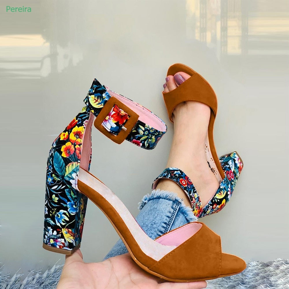 Women Heels Mixed Colors Sandals Women's Buckle Round Toe Hollow Chunky Heel Fashion Sweet Shoes
