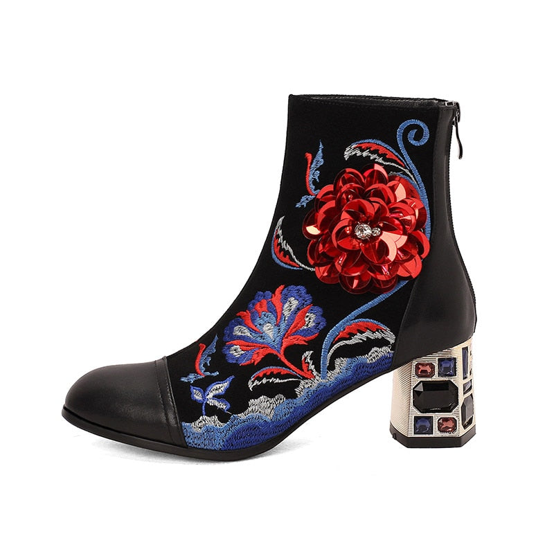 Vanguard Boots Women's Retro floral boots Embroidery Floral Ankle Genuine leather Round toe Boot Rhinestones Crystal Heel Shoes